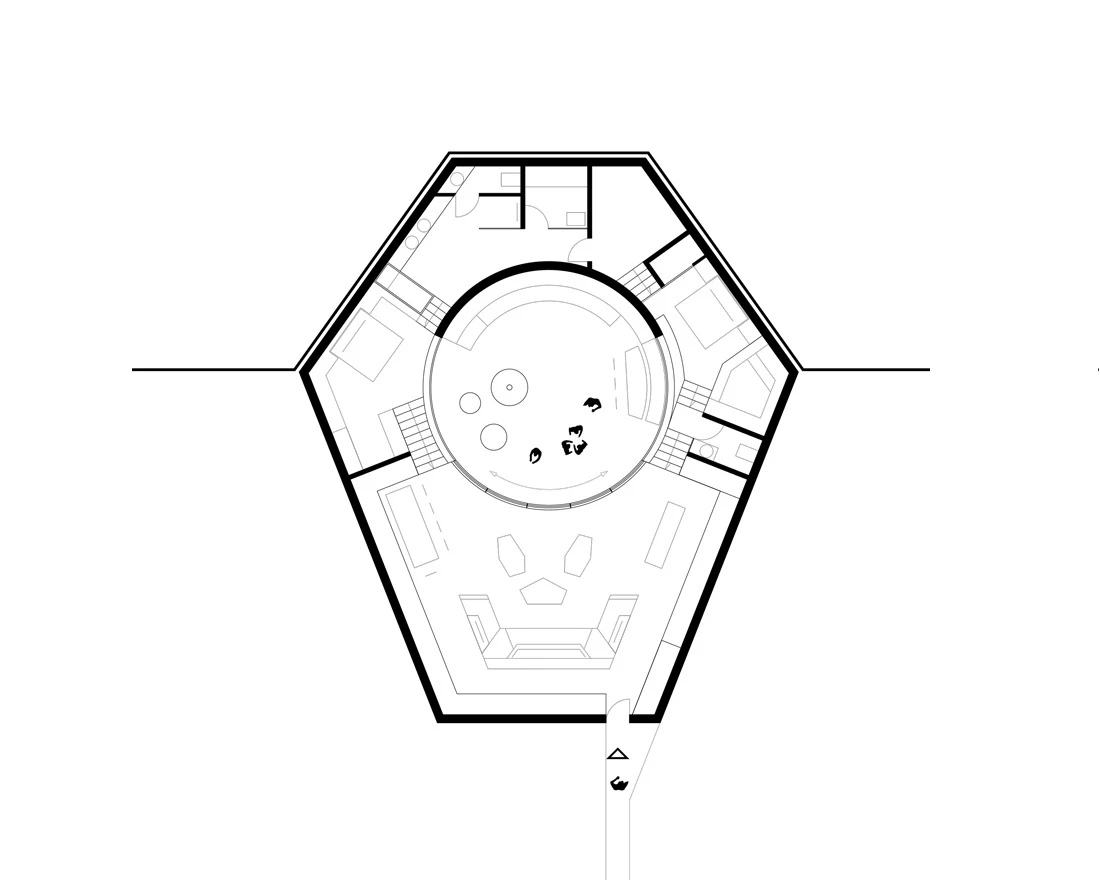 Architectural floor plan of a hexagonal building featuring a circular central atrium and surrounding rooms; silhouettes of people around the center.