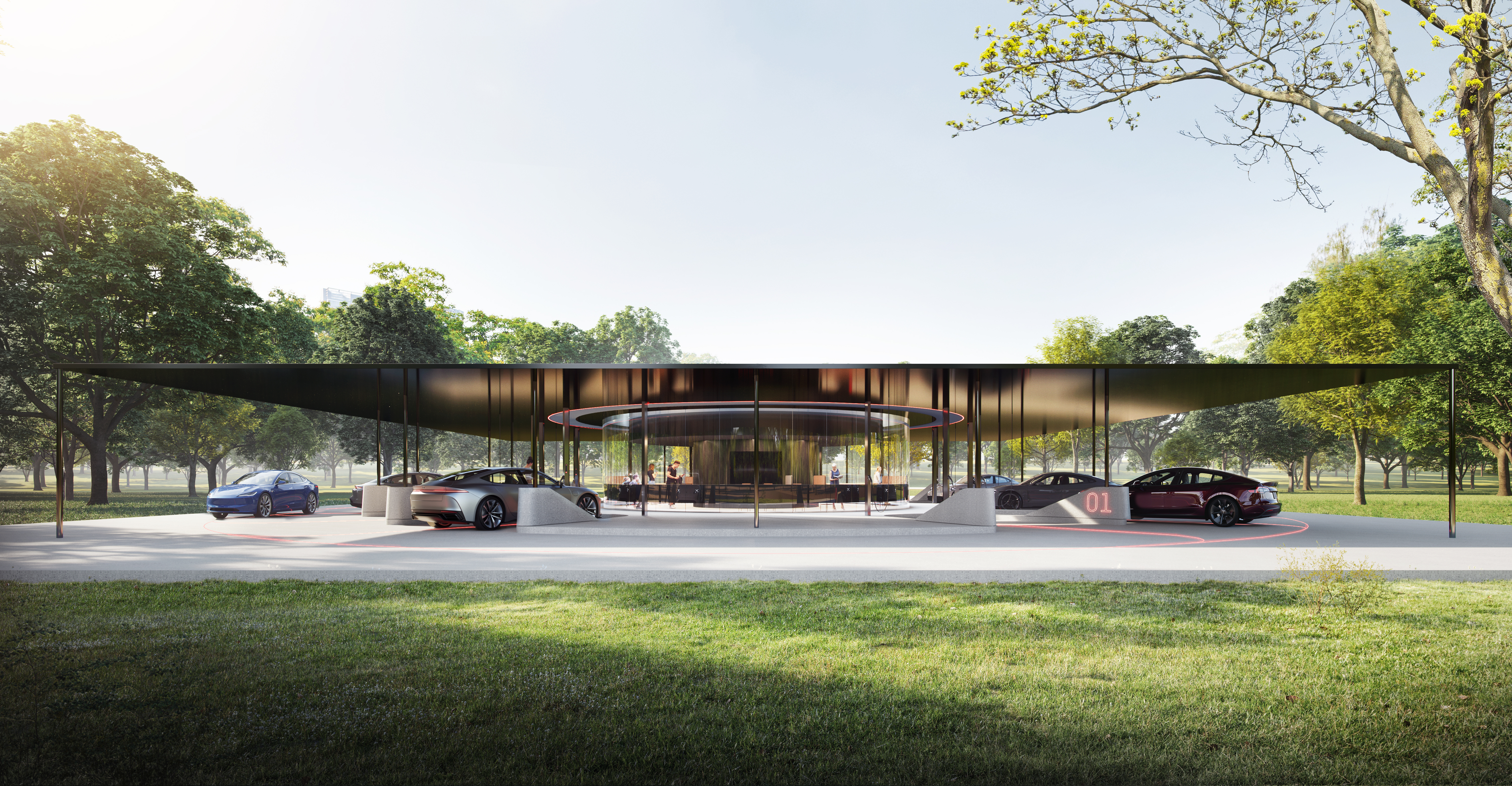 Modern car showroom pavilion under a black canopy, with several sports cars parked around a circular central plaza in a lush park.