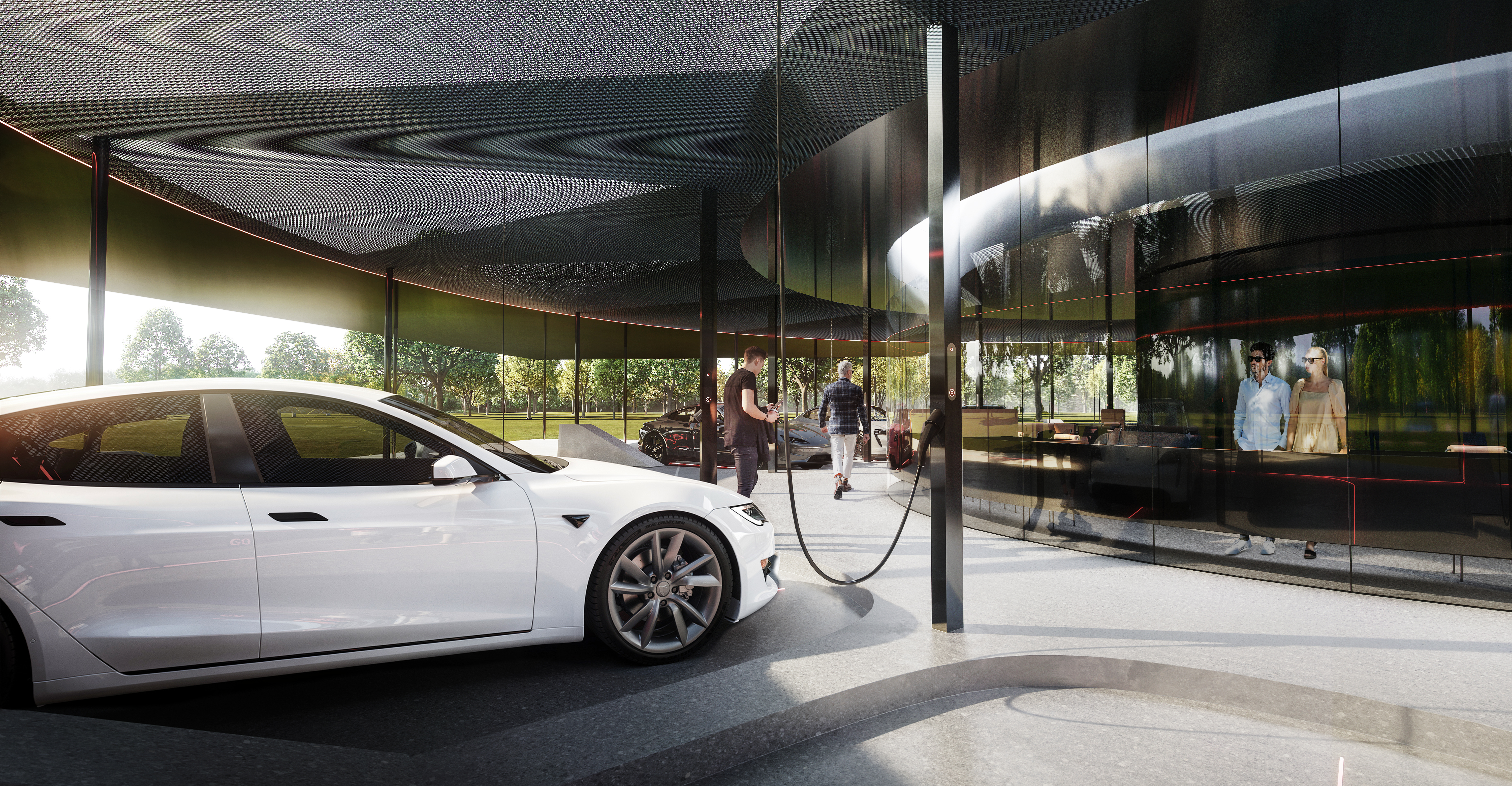 White electric sedan being charged at a futuristic glass-walled pavilion; rope barriers and bystanders nearby.