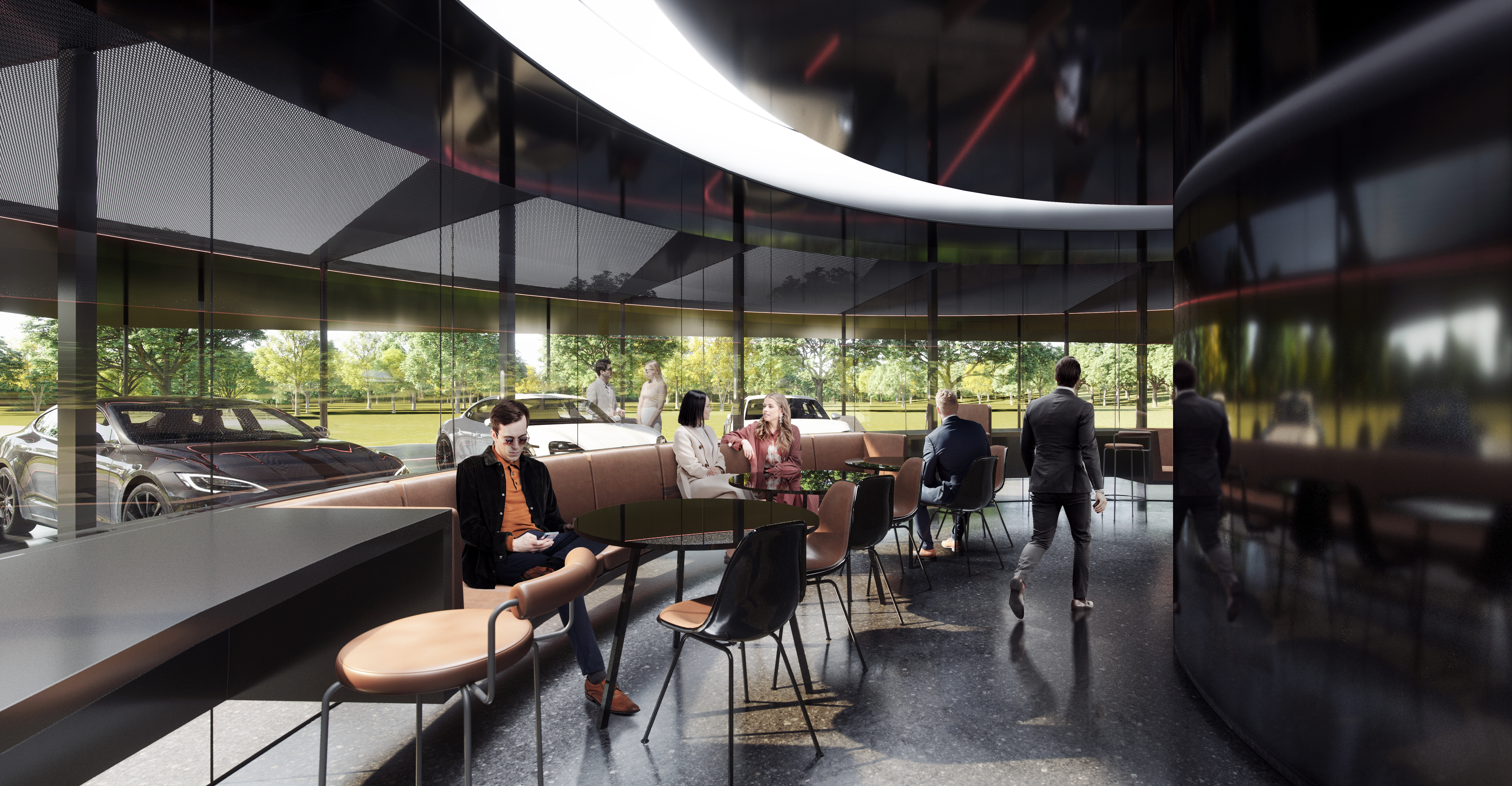 Modern car showroom lounge with round tables; customers chat as luxury cars are visible through glass walls.