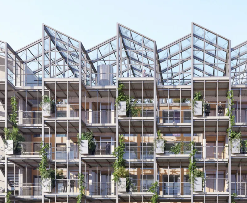 Modern glass-and-steel apartment building with stacked balconies and greenery; people on terraces.