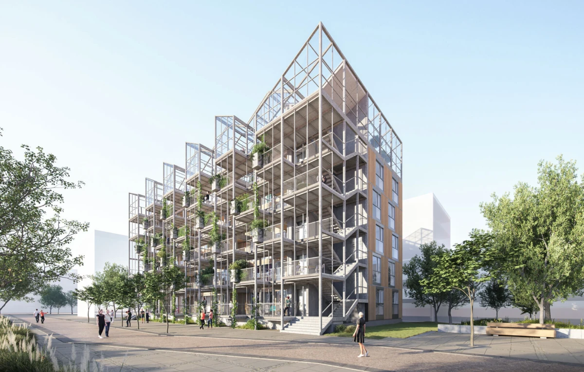 Modern glass-and-steel apartment building with tiered balconies and greenery; pedestrians on a tree-lined plaza.