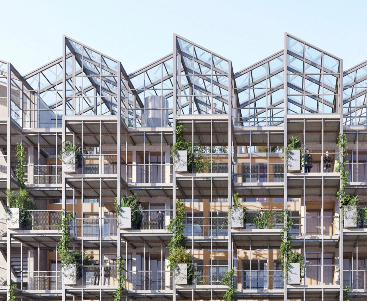 Modern glass-and-steel apartment building with stacked balconies and greenery; people on terraces.