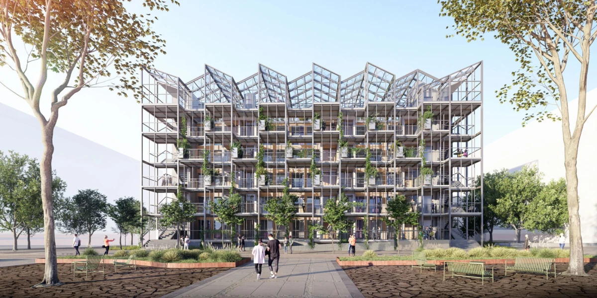Modern glass-and-steel apartment building with greenery on balconies, in a plaza with trees, benches, and pedestrians.