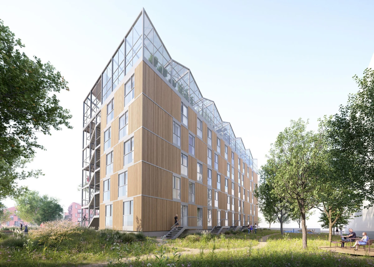 Six-story wooden-clad residential building with glass pent-roofs in a green park; people near the entrance.