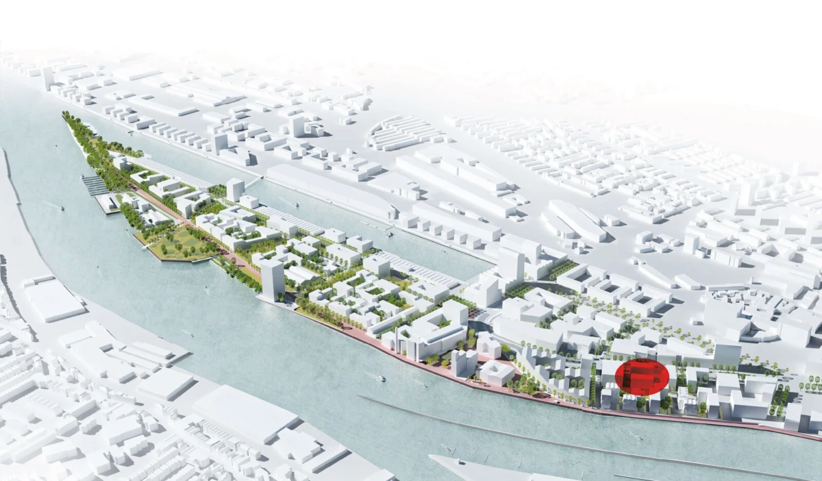 Aerial rendering of a canal-side urban development featuring green parks and white modern buildings, with a red highlight along the waterfront.