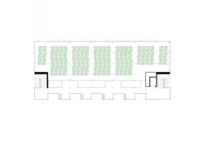 Rectangular interior floor plan with multiple planting beds arranged in rows, with aisles between and stairs at left and right.