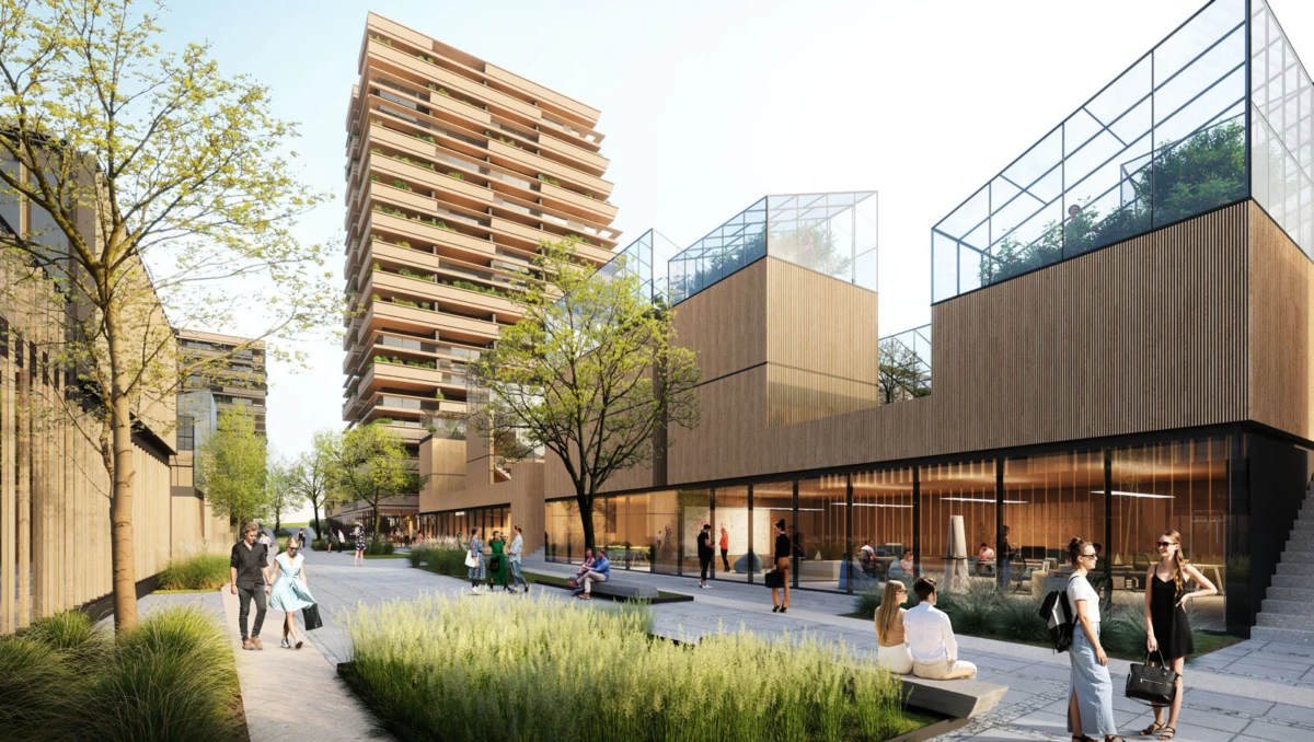 Urban plaza with wooden buildings and glass terraces; people walk, sit, and chat among trees beside a tall residential tower.