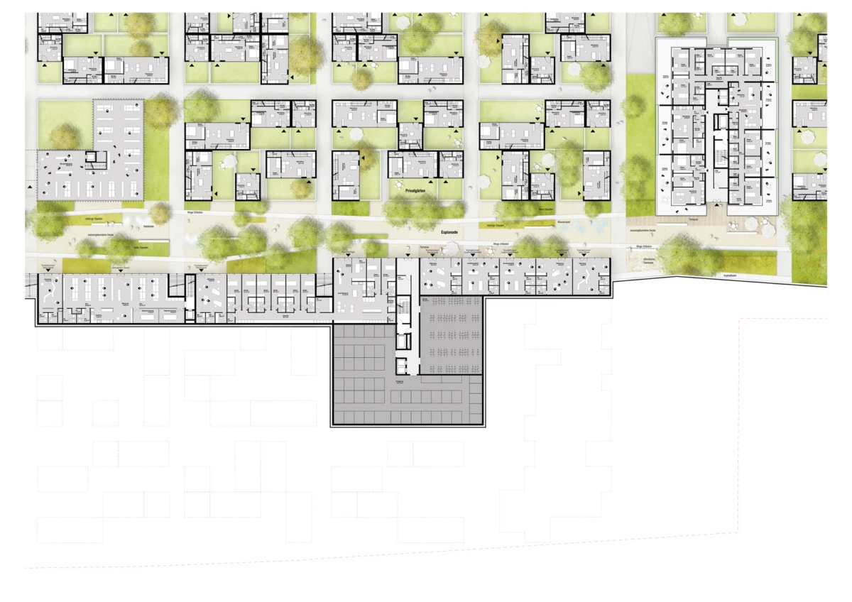 Architectural site plan of a campus-like development: rectangular buildings with green courtyards and roads, with a large central dark block at the bottom.
