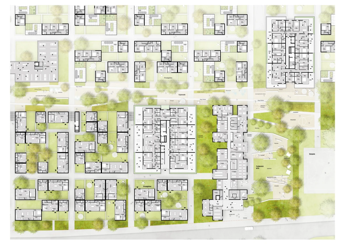 Aerial site plan of a residential neighborhood with building blocks, courtyards, and green spaces along a street grid.