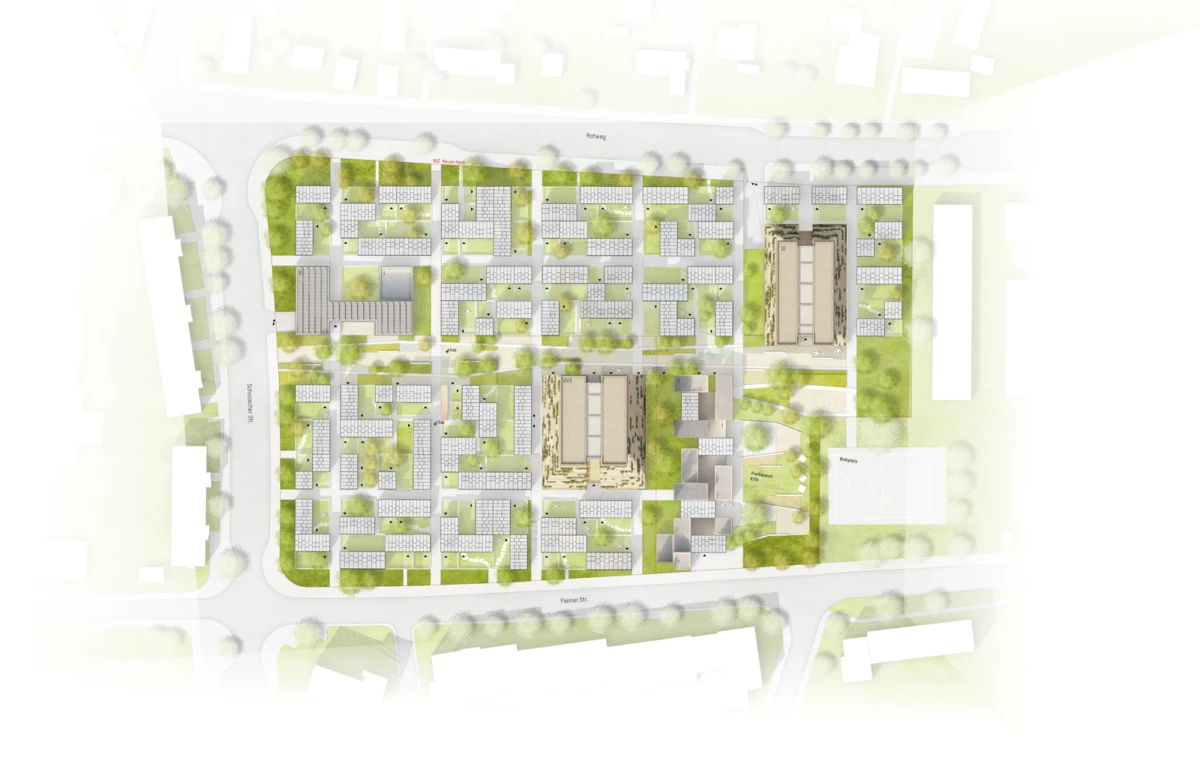 Top-down site plan of a residential complex showing a grid of apartment blocks, roads, and green courtyards, with two prominent central buildings.