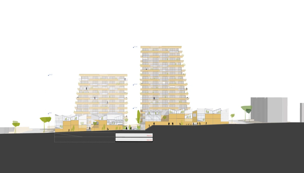 Architectural rendering of two beige high-rise residential towers with a ground-level podium, surrounding plaza, trees, and pedestrians.