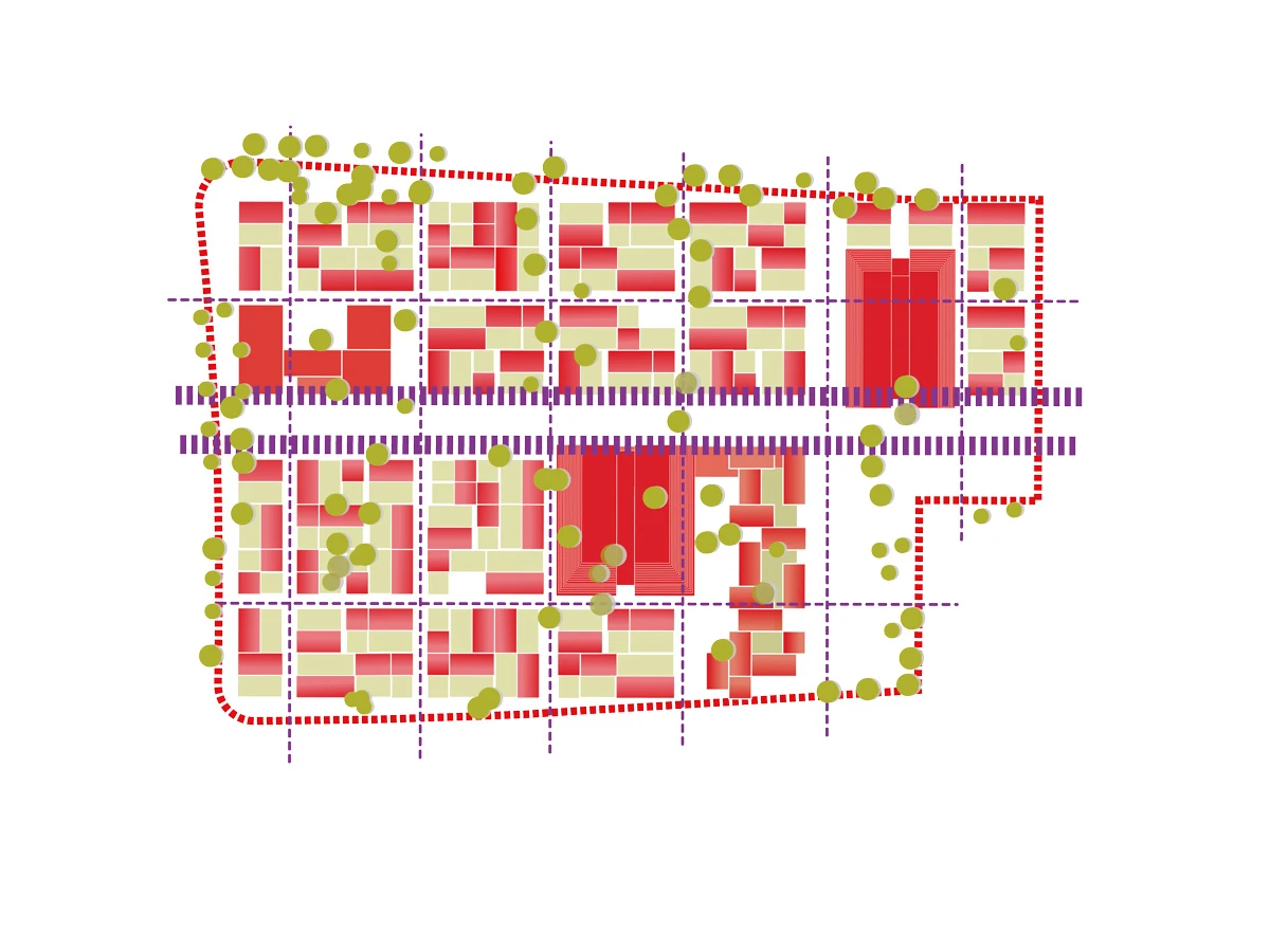 Site plan of a block with red and beige rectangular buildings in a grid, purple and red dashed boundaries, and scattered green trees.
