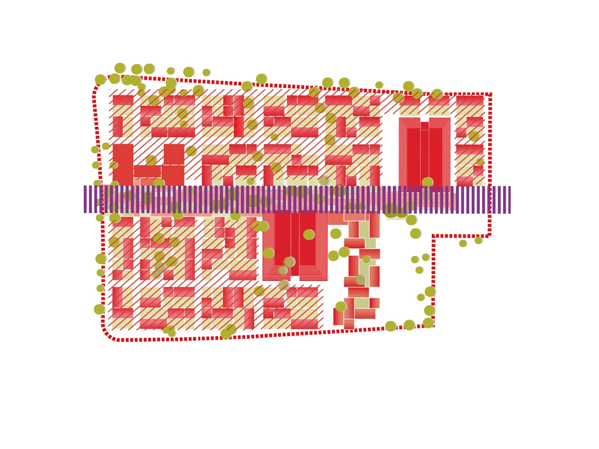 Stylized aerial view of a city block with red rectangular buildings, a purple stripe across the middle, green trees, and a red dotted boundary.