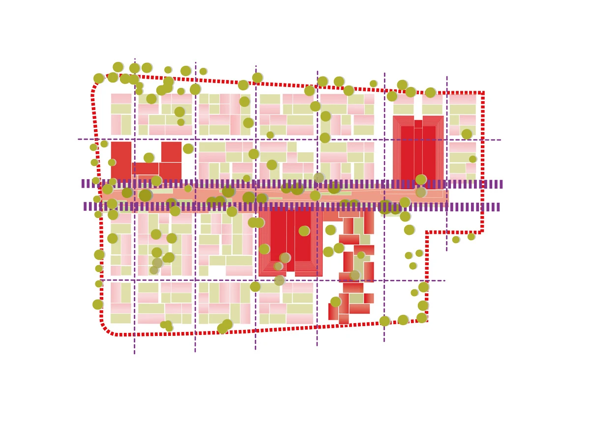 Urban planning map depicting pink-and-beige residential blocks, red buildings, green trees, and purple grid lines.