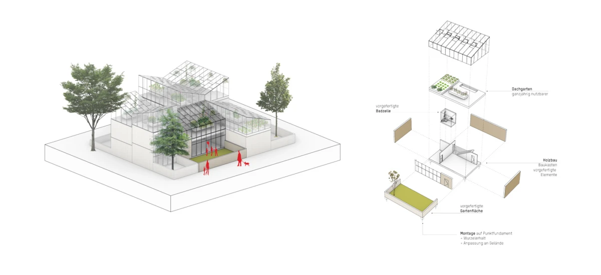Isometric view of a glasshouse-style modular building with trees and people; right side shows exploded view of prefabricated components.