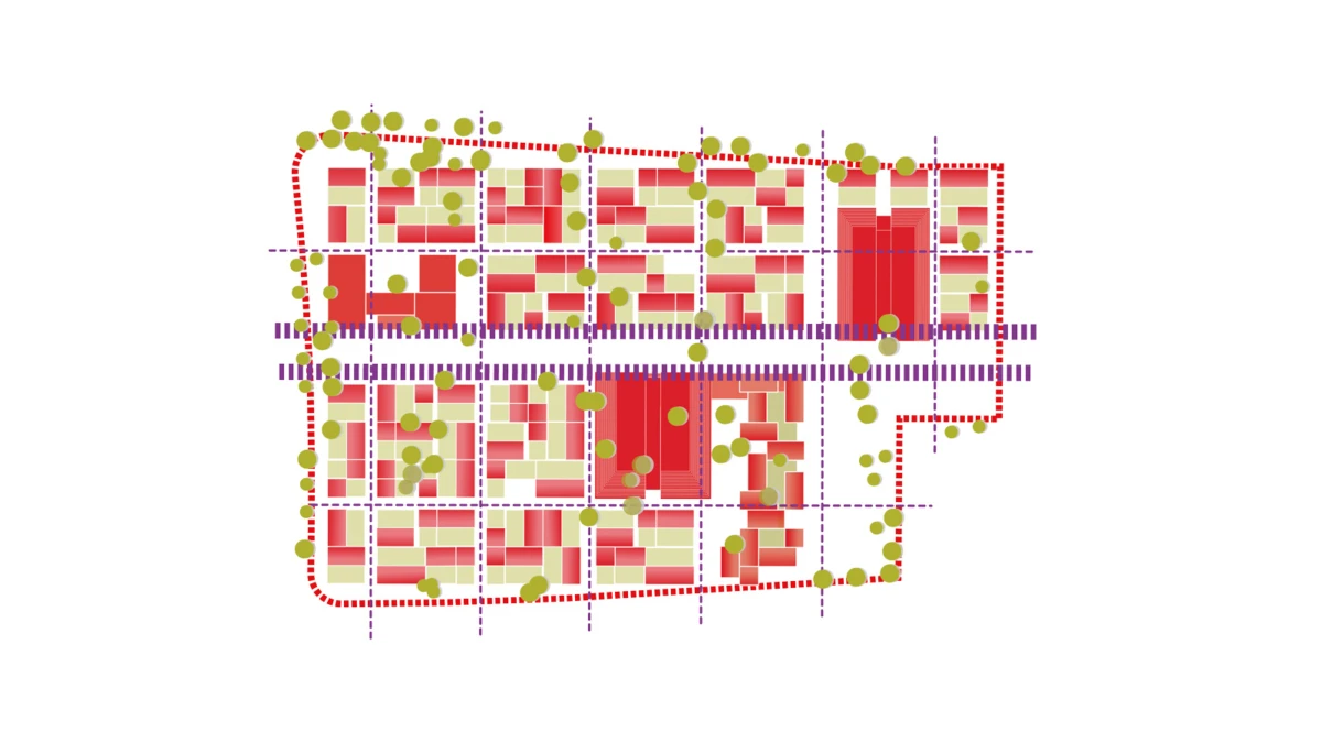 Abstract city-block site plan: red buildings inside a dashed red boundary, purple grid lines, and green trees along streets.