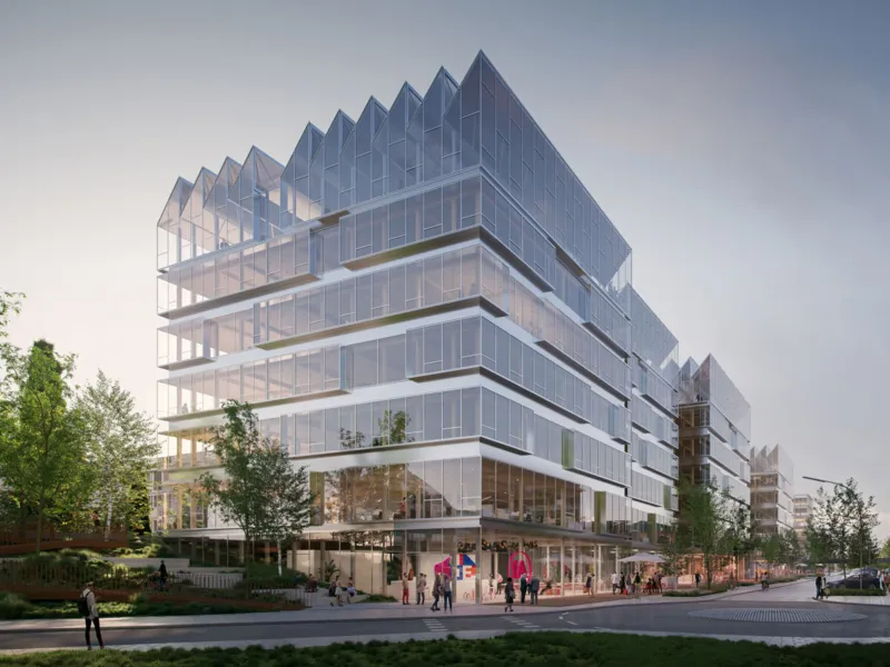 Modern glass office building complex with stepped terraces and triangular roof, pedestrians walking along a tree-lined street.