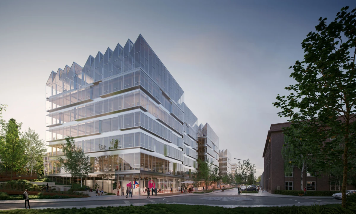 Modern glass-clad office building with triangular rooftop spires, on a tree-lined street with pedestrians and storefronts.
