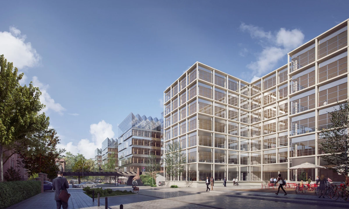 Modern glass-front office complex with pedestrians walking and bicyclists in a sunlit plaza.