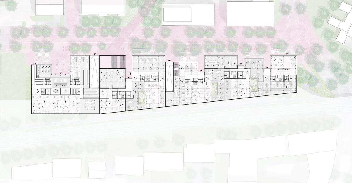 Architectural floor plan of a long, irregular residential building on a sloped site, with surrounding trees, paths, and open spaces.