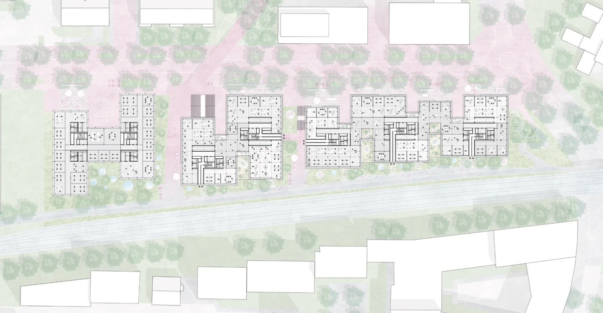 Aerial site plan of interconnected residential blocks with courtyards and tree-lined paths beside a railway corridor.