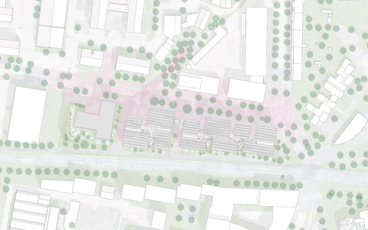 Aerial site plan of an urban campus: rectangular buildings, tree-lined streets, green courtyards, and pink pedestrian plazas.
