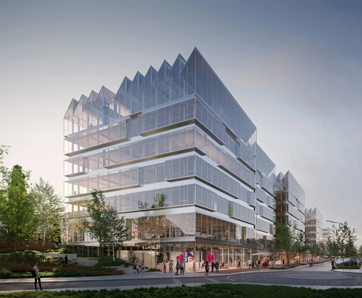 Glass-fronted, multi-story office building with triangular roofline; pedestrians on a tree-lined street.