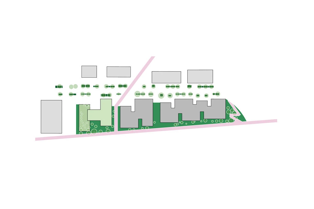 Depicts an urban development plan with grey buildings, green park areas with trees, and a pink diagonal road.