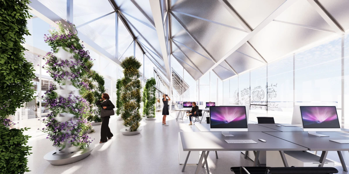 Open, glass-walled coworking space with a slanted roof and vertical greenery towers; people work at desks and walk past plants.