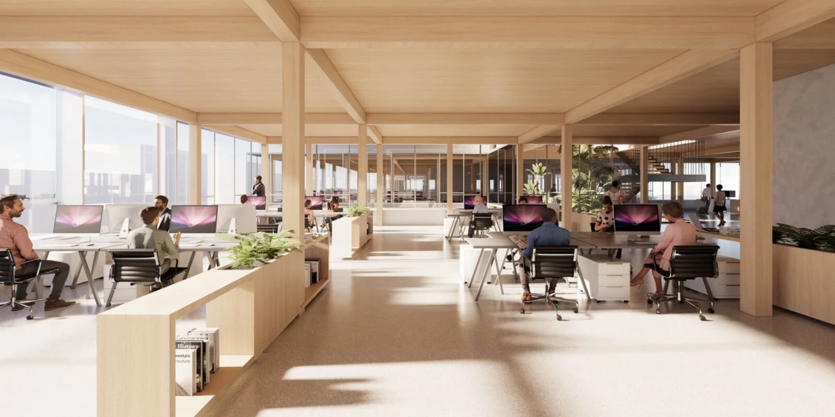 Office workers at desks using computers in an open-plan wooden coworking space with natural light.