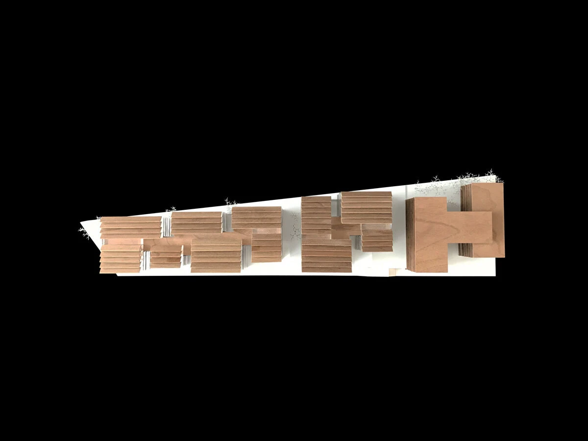 Architectural scale model with brown wooden slat panels arranged along a white rectangular base.