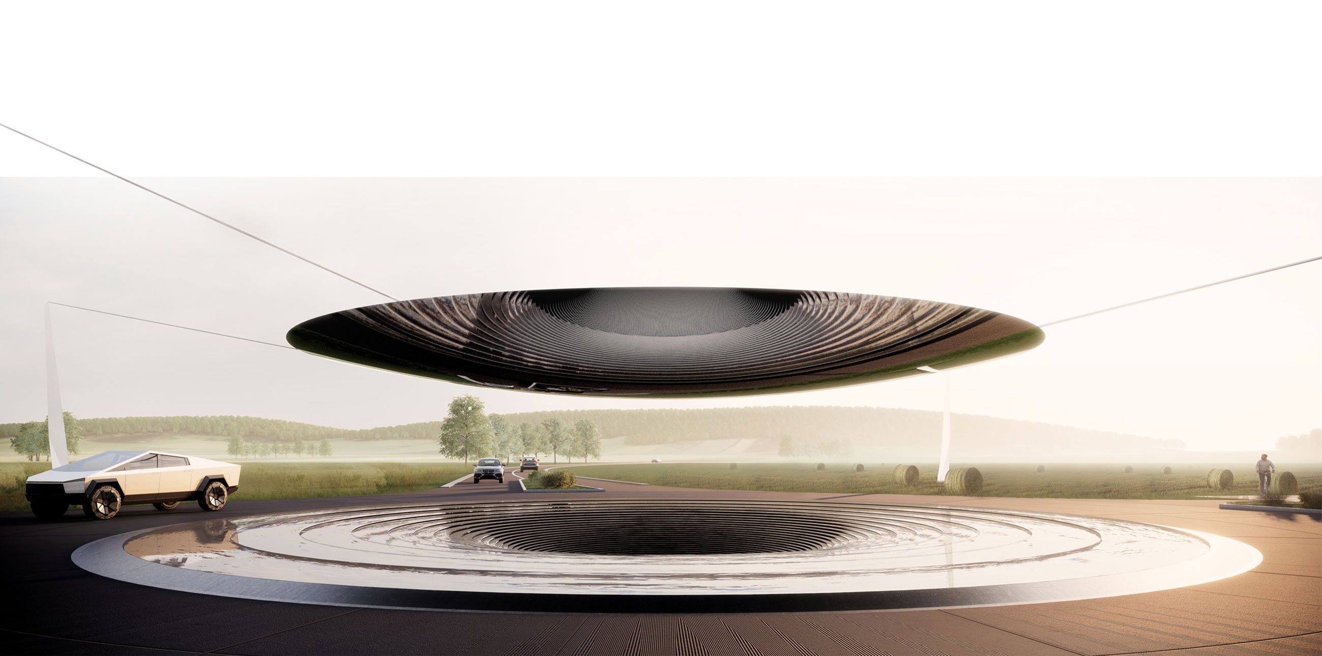 A black saucer-shaped spacecraft hovers above a circular, ringed landing pad on a rural runway, with cars and a person nearby.