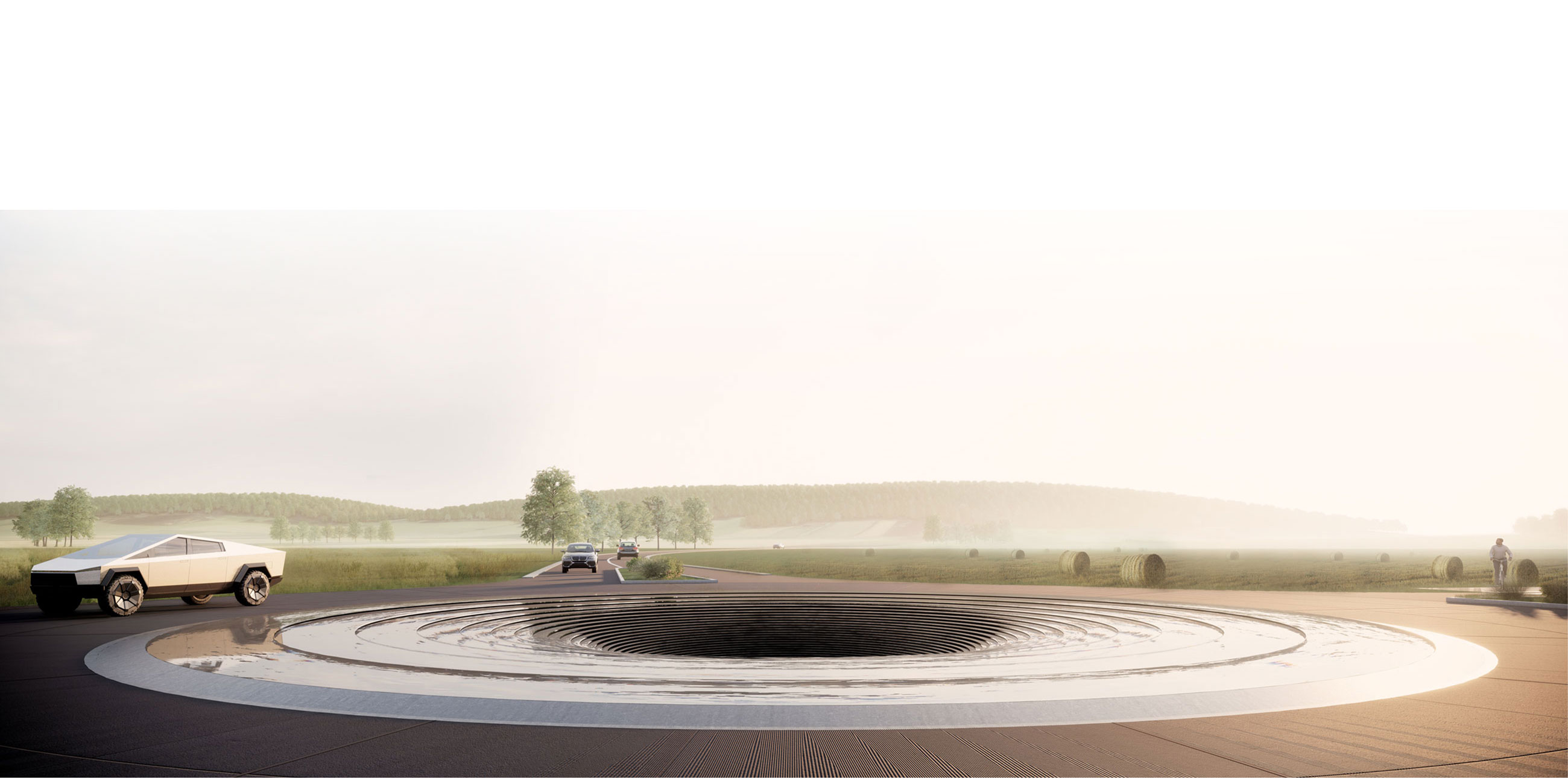 Large circular manhole opening with concentric rings on a road; distant countryside with hay bales and a white sports car nearby.