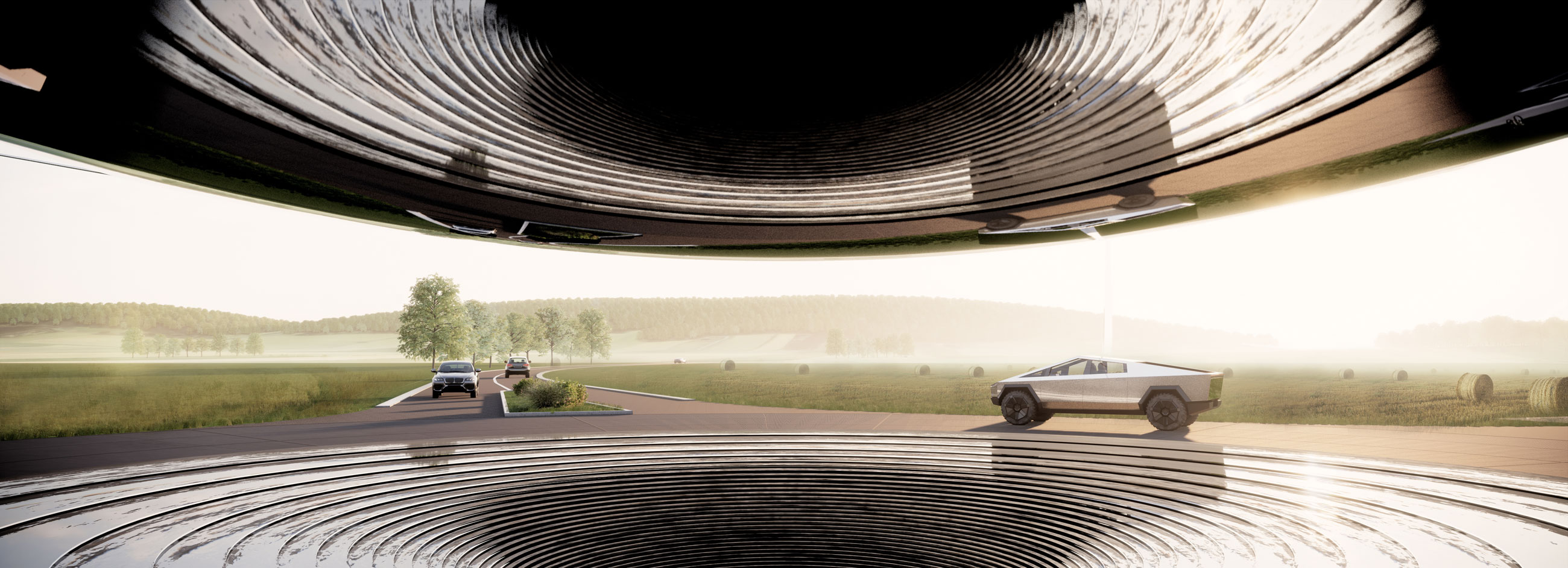 White futuristic SUV driving on a rural road, seen from inside a large ribbed metallic tunnel with fields and trees in the background.