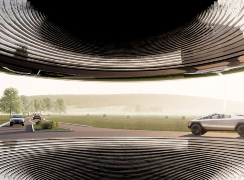 White futuristic SUV driving on a rural road, seen from inside a large ribbed metallic tunnel with fields and trees in the background.