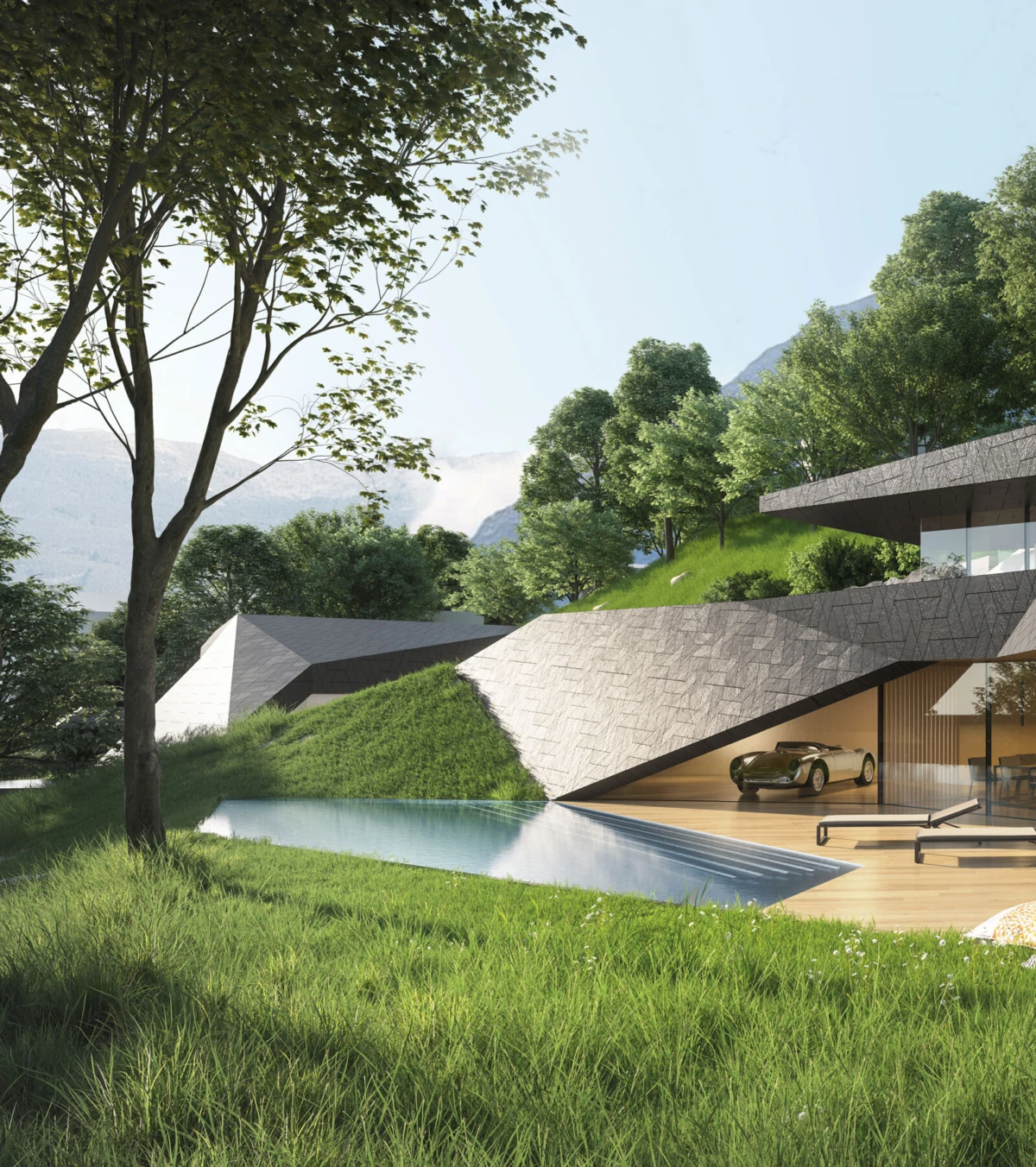 Modern hillside villa with angular stone terraces; a sports car in an open garage, glass walls, pool, and lush lawn with trees.