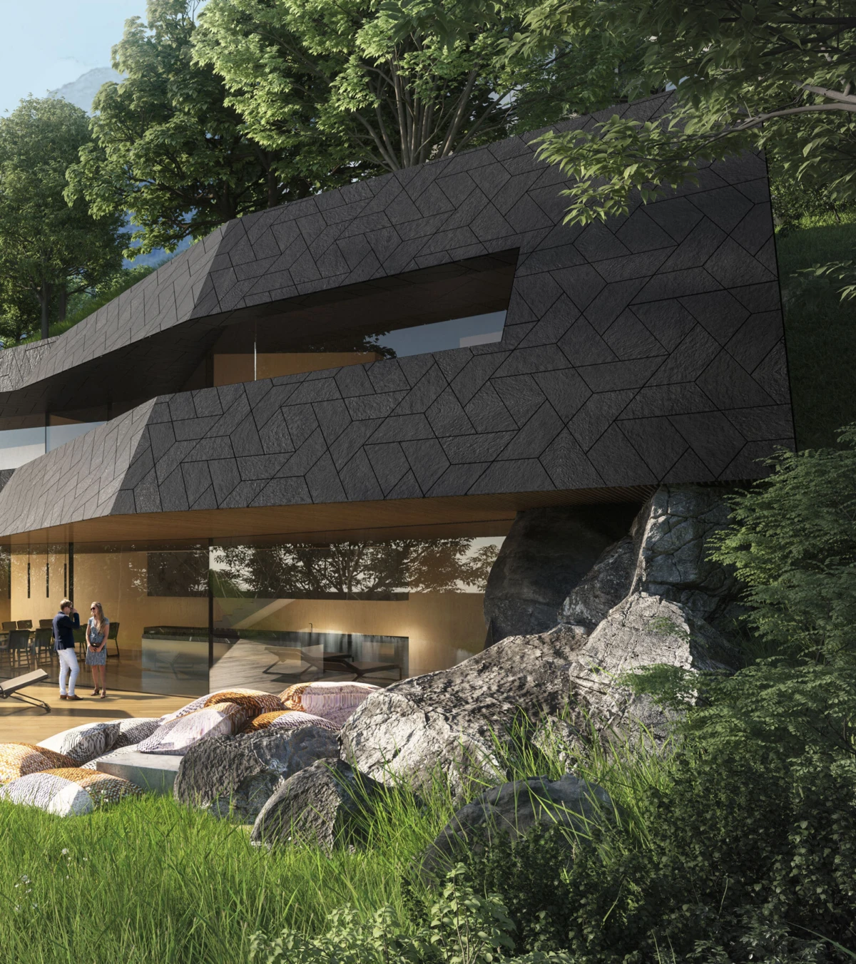 Modern hillside residence with dark geometric façade and glass wall; two people converse on the terrace amid rocks and greenery.