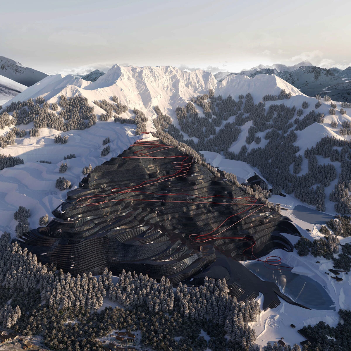 Pyramidlike black terraced mound with red cables in a snowy alpine valley, surrounded by pine forests and distant mountains.