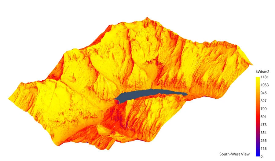 3D topographic terrain model showing yellow-orange mountains surrounding a blue lake, viewed from the southwest.