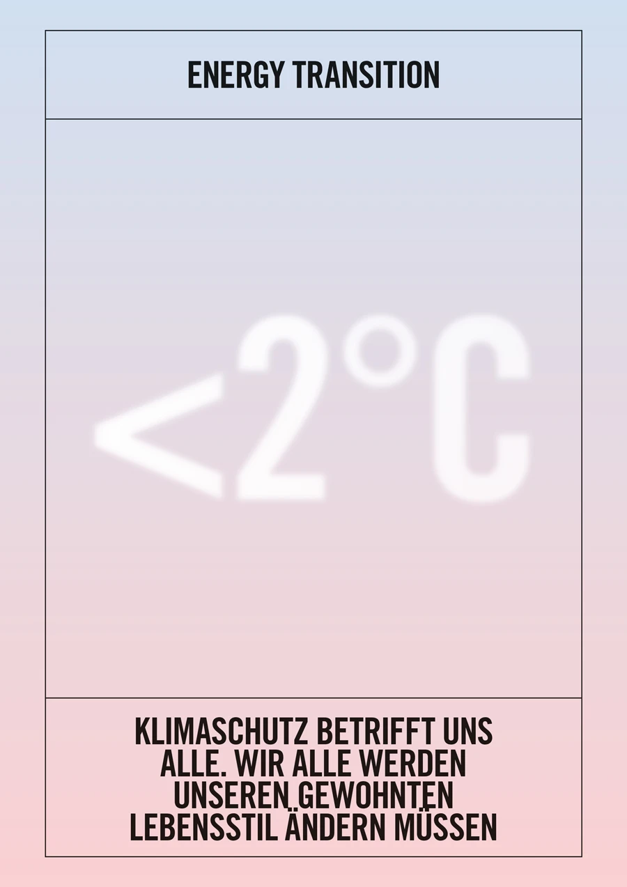 Poster with blue-to-pink gradient background, 'ENERGY TRANSITION' title, faded '2°C' symbol, and German climate slogan.