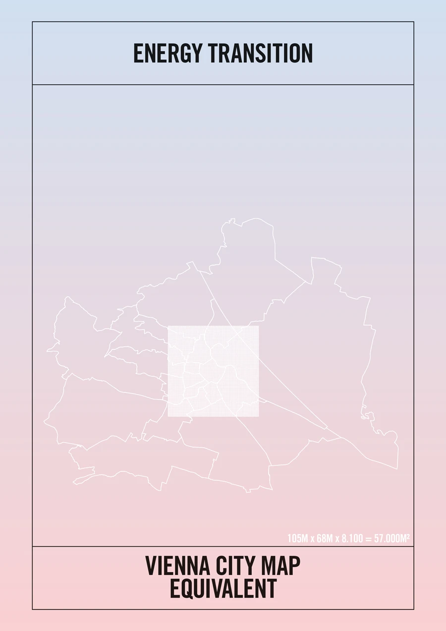 Poster titled Energy Transition showing Vienna city map outline with a central square highlight; bottom caption reads Vienna City Map Equivalent.