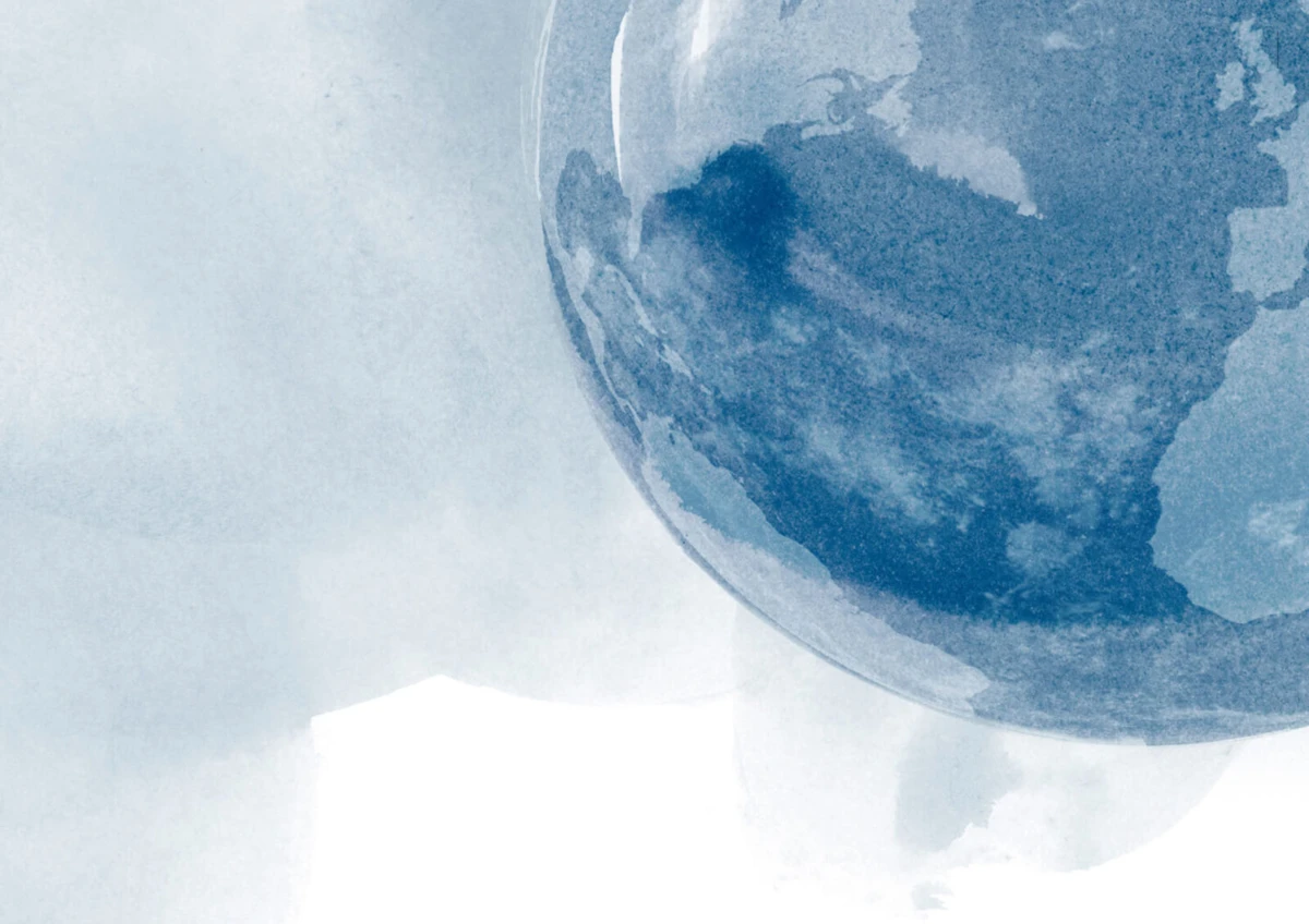 Partial blue globe on pale blue watercolor background.