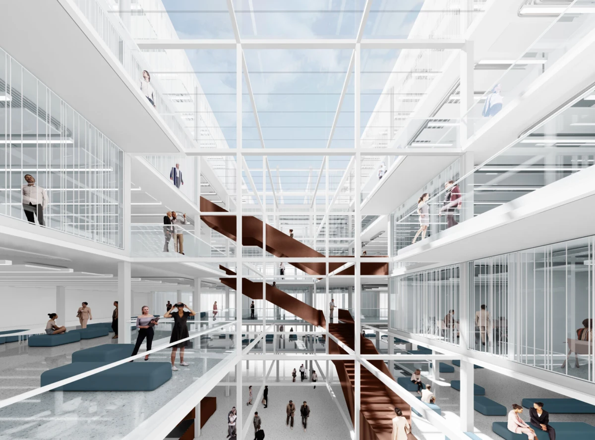Modern glass-walled office atrium with brown staircases; people walking and conversing on balconies across levels.