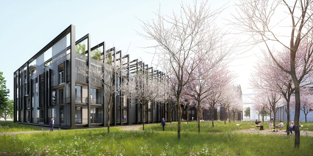 Modern residential building with glass balconies; people stroll and sit in a sunny courtyard lined with cherry blossoms.
