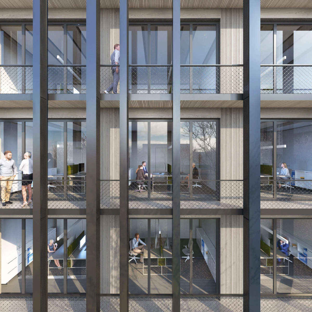 Office workers in a modern glass-fronted, multi-story building, seated at desks and visible on balconies.