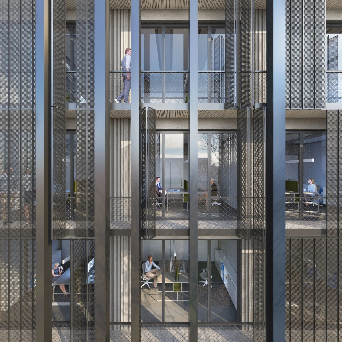 Multi-story glass atrium with a dark metal framework; office workers at desks inside glass cubicles and a person walking along a balcony.