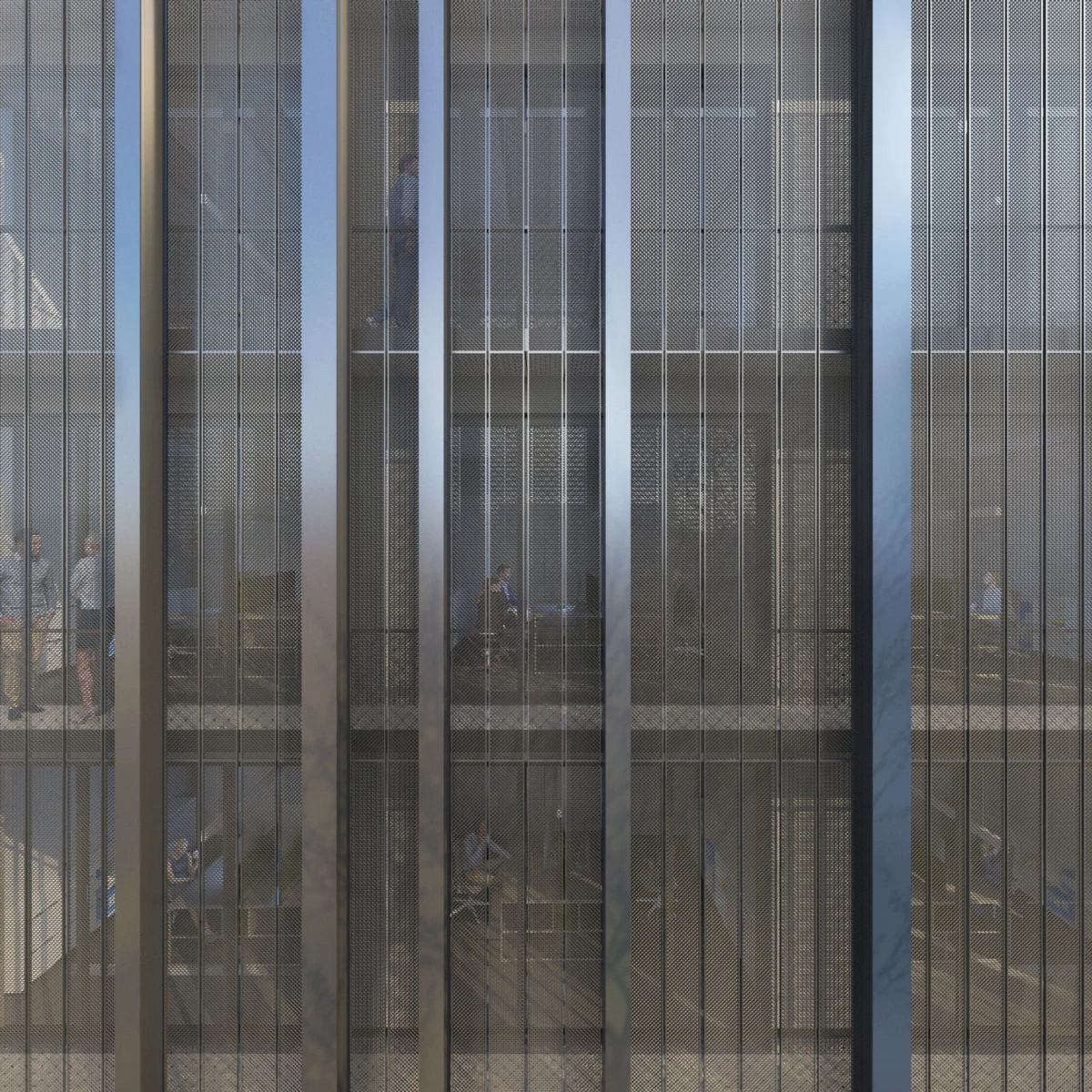 Modern glass building facade with vertical metal frames and perforated screens; people visible inside on multiple floors.