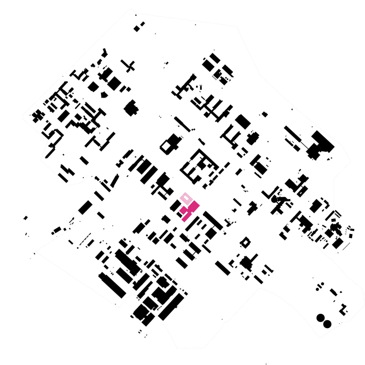 Rotated architectural site map of a building footprint; black room blocks on white, pink central marker.