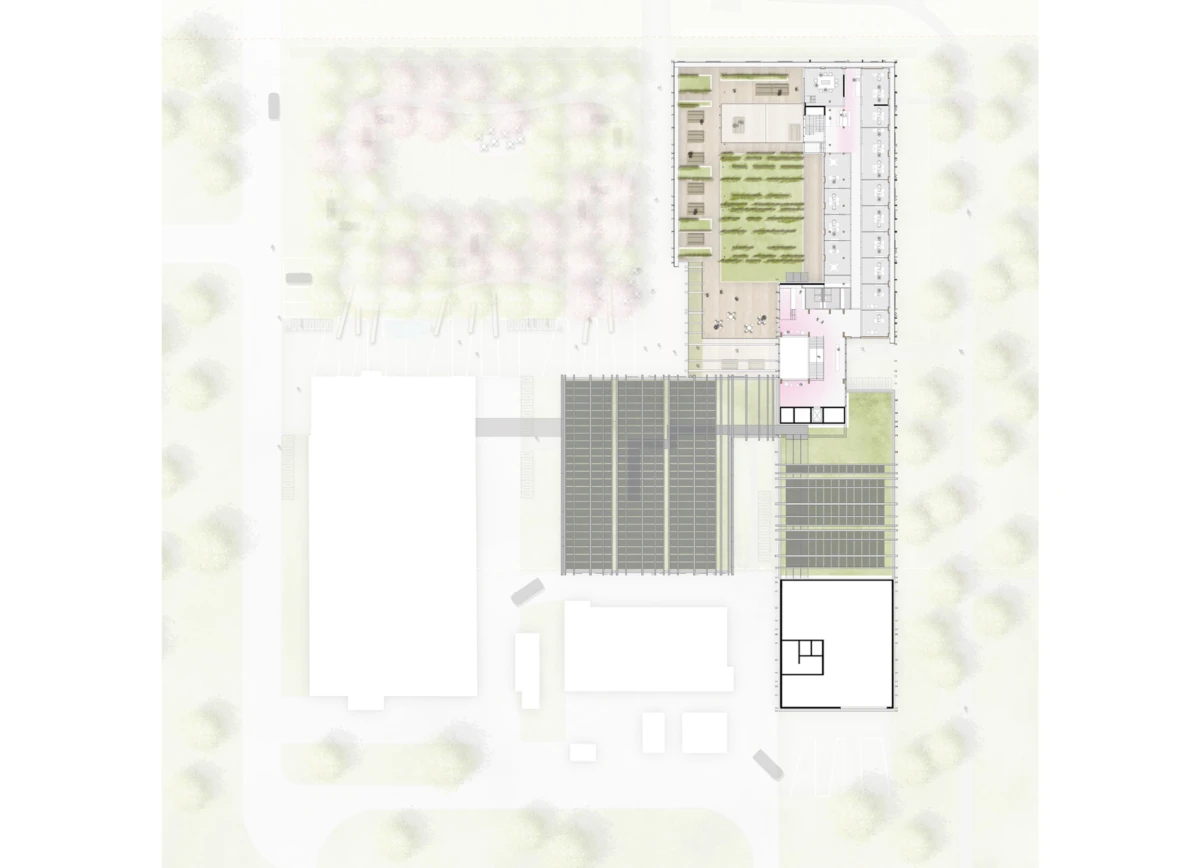 Top-down site plan of a building complex featuring photovoltaic arrays, a central landscaped courtyard, and surrounding greenery.
